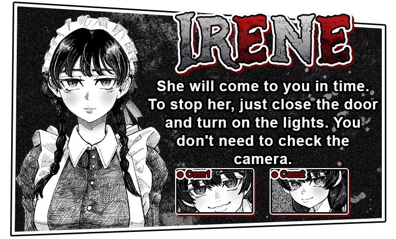 Irene’s official character card: a maid with dark braided hair, with camera thumbnails and instructional text